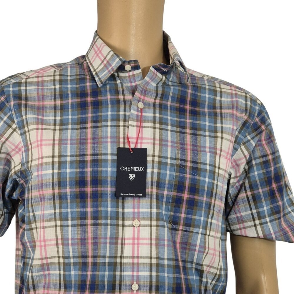 Cremieux Men's Shirt Size M Short-Sleeve Plaid Button Up Blue Pink Cotton (57)